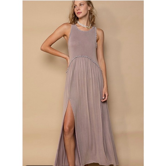 POL Dresses & Skirts - POL Taupe Crochet Trim Sleeveless Maxi Dress Womens Medium Boho Festival Indie